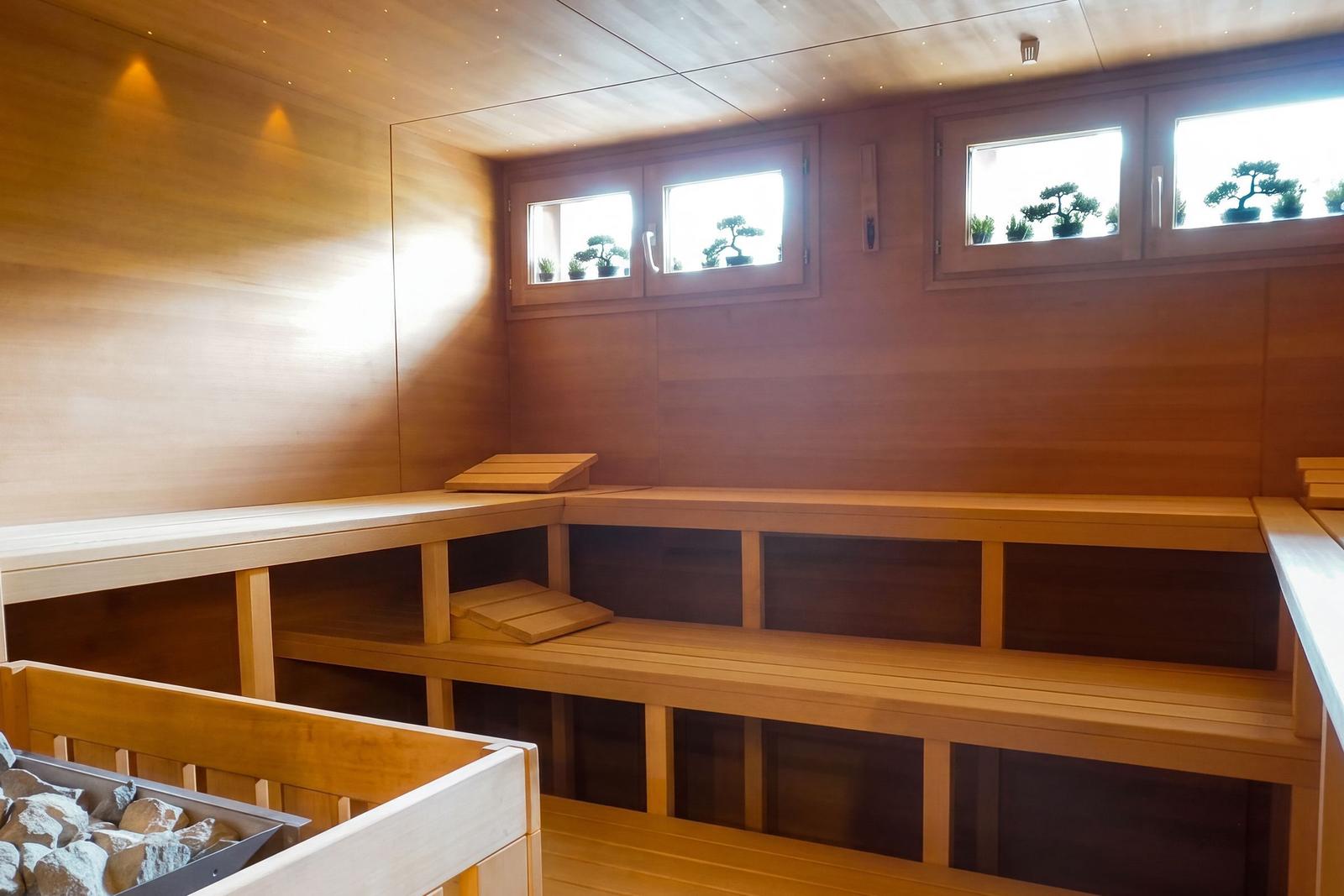 Sauna mit Holzbanken und Fenstern mit Bonsai-Pflanzen.