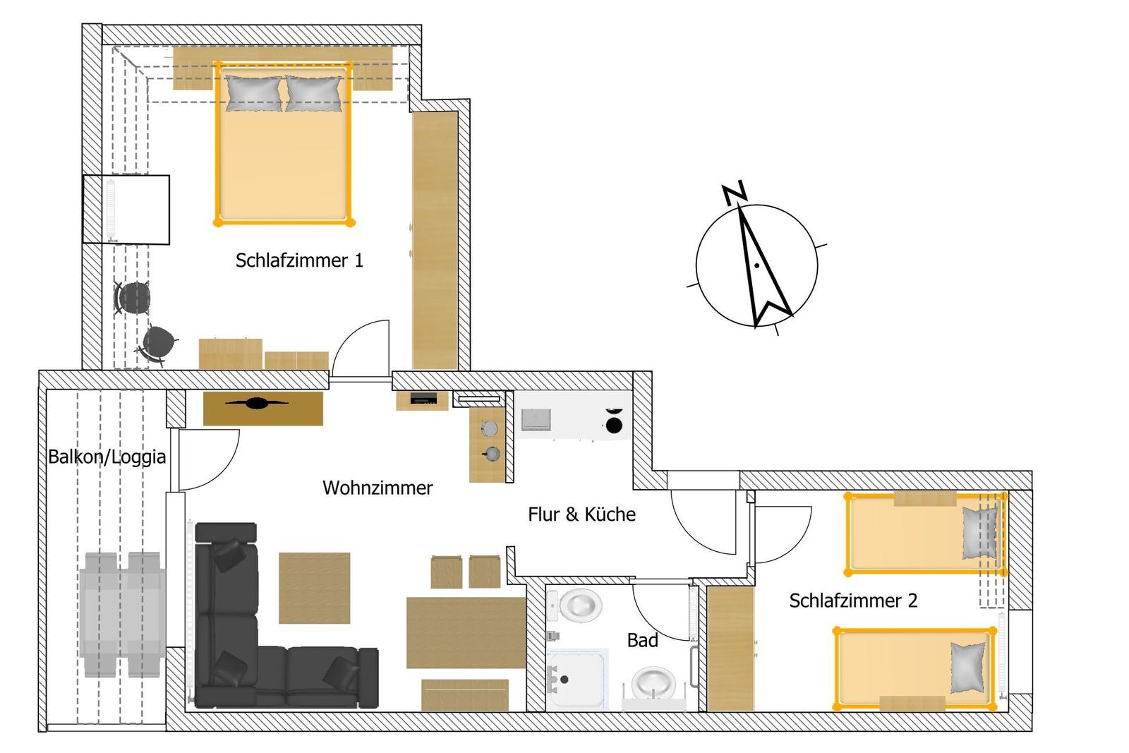Zwei Schlafzimmer, Wohnzimmer, Küche, Bad und Balkon. Flur mit Küchenbereich.
