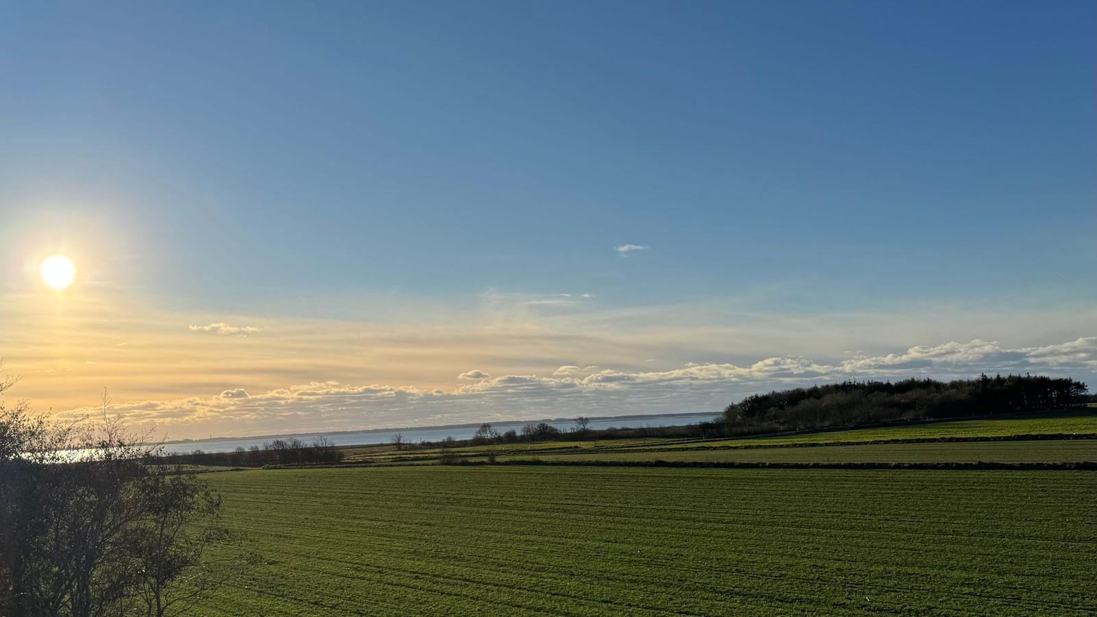 Weitläufige Landschaft mit Feldern, einem Fluss und einem klaren Himmel bei Sonnenaufgang.