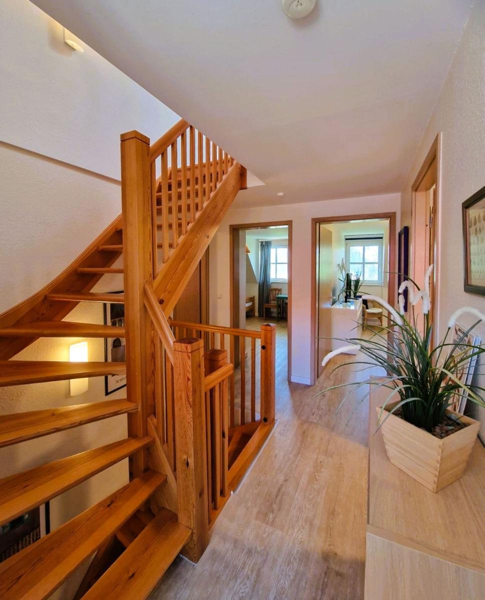 Holztreppe führt in das Haus. Holzfußboden und Pflanze im Flur.