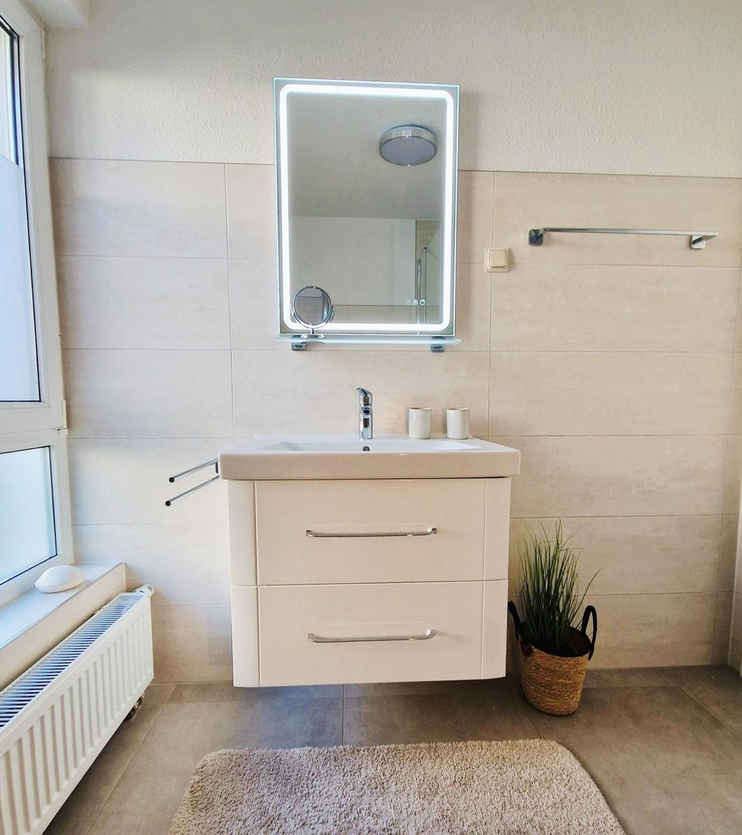Badezimmer mit Waschtisch, Spiegel und Pflanze