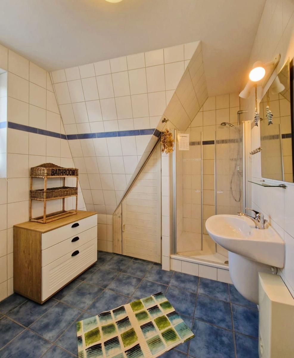 Badezimmer mit Dusche, Waschbecken und Holzschrank. Bodenfliesen und Wandfliesen.