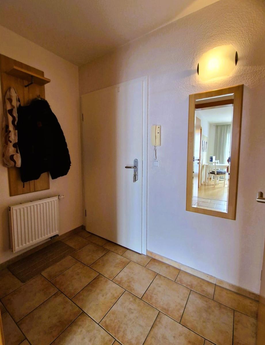 Eingangsbereich mit Spiegel, Tür und Kleiderhaken an der Wand.