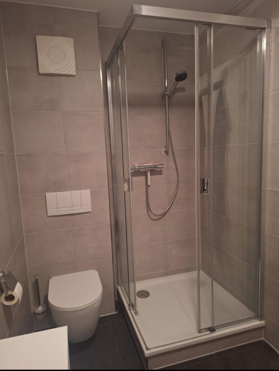 Badezimmer mit Dusche, Toilette und Waschbecken.