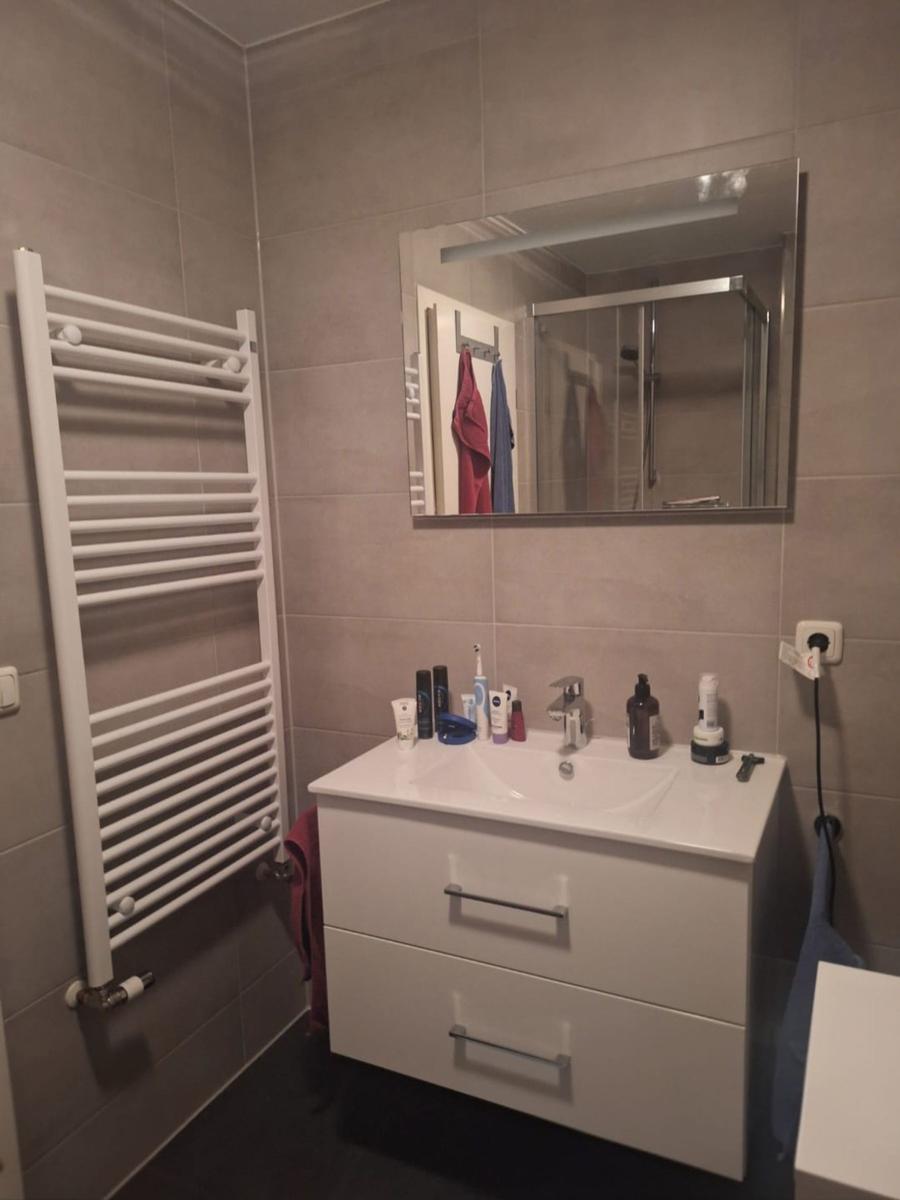 Badezimmer mit Waschbecken, Spiegel und Heizkörper an der Wand.