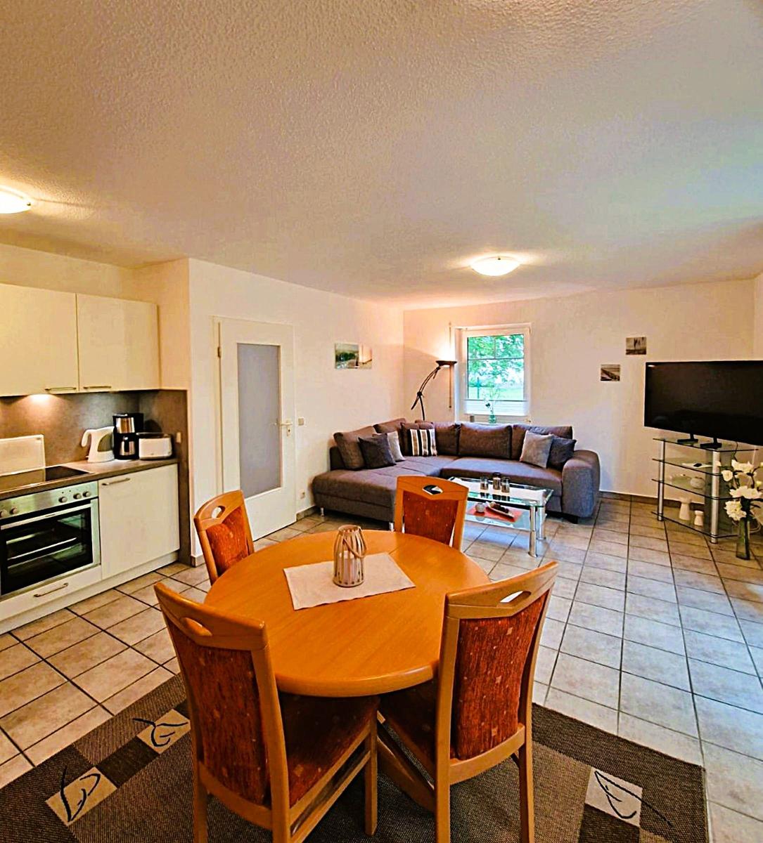 Living and dining area with kitchenette, sofa, and TV. Wooden table with four chairs.