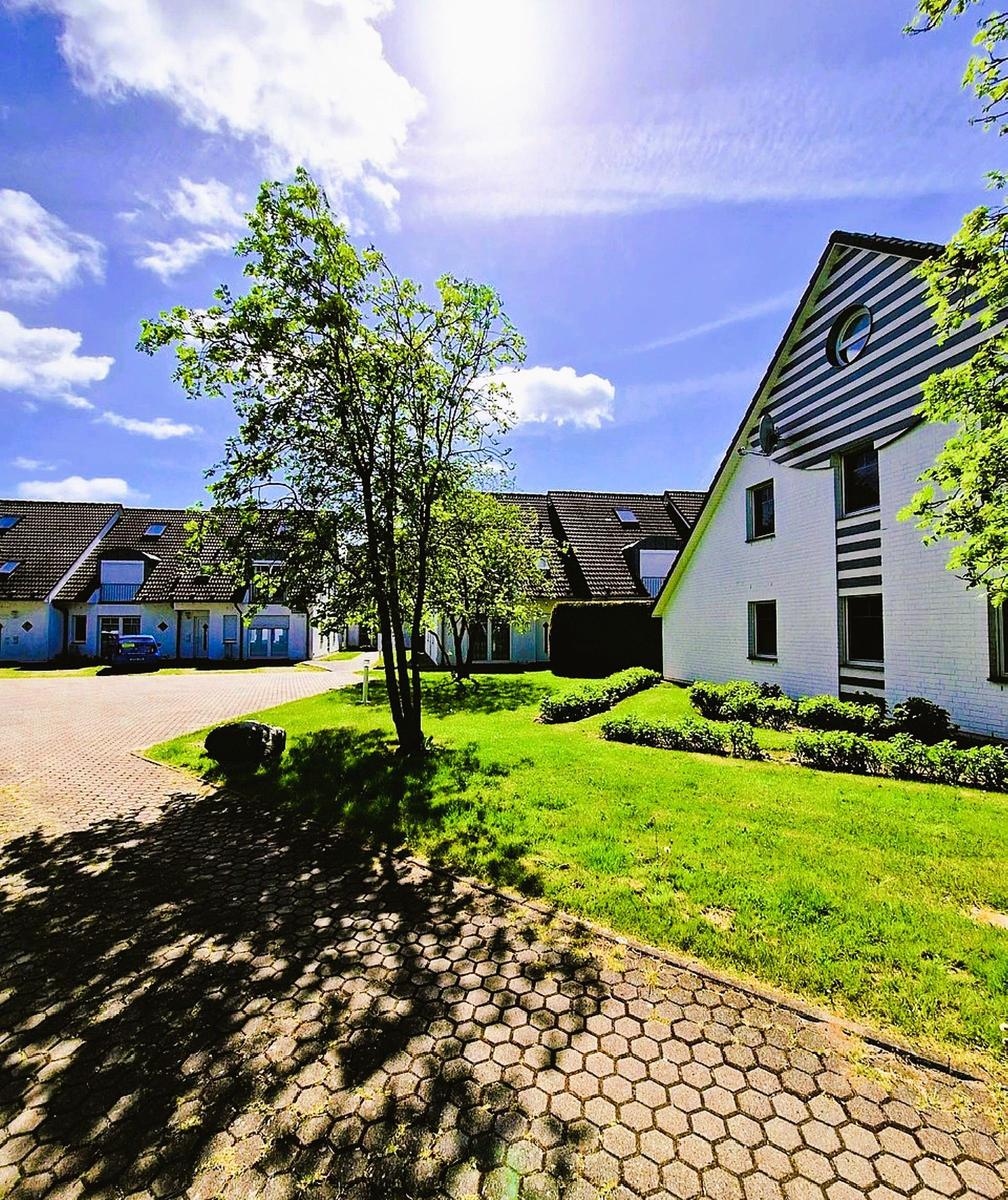 House with green lawn and paved path under blue sky.