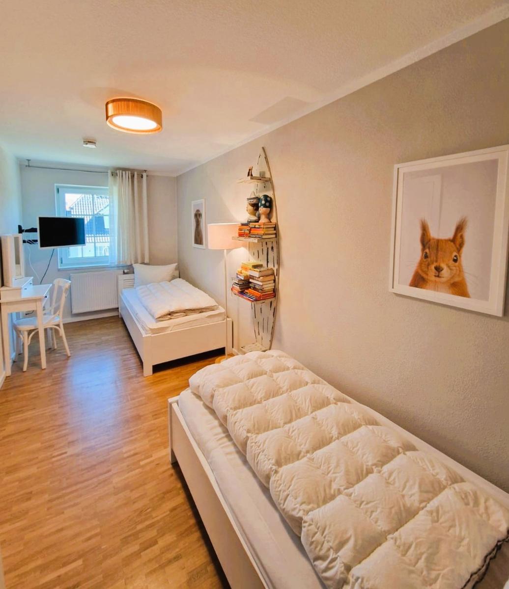 Zimmer mit zwei Betten, Schreibtisch, Fernseher und Wandbild eines Eichhörnchens.