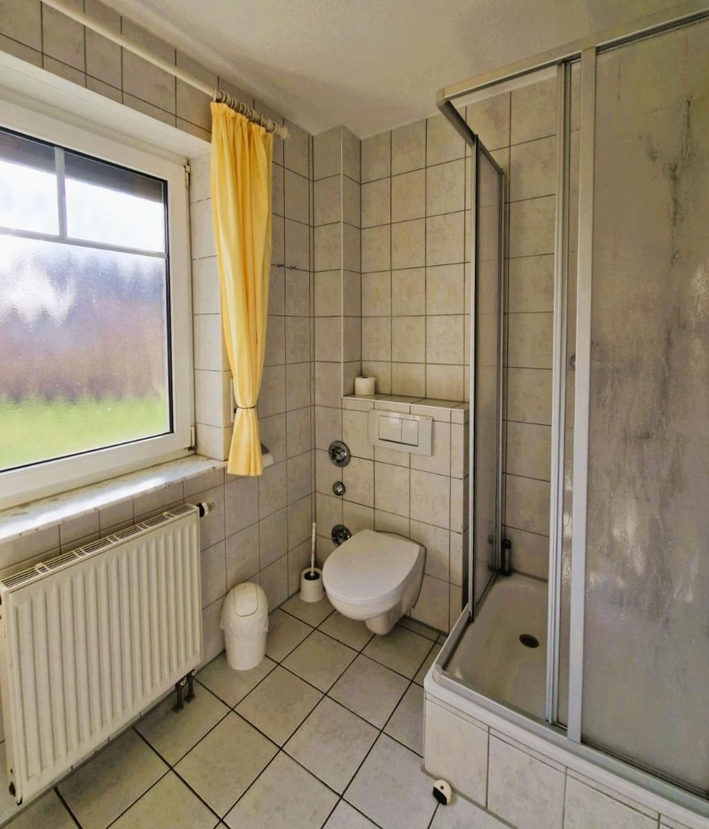 Badezimmer mit Dusche, Toilette, Fenster und Heizkörper.