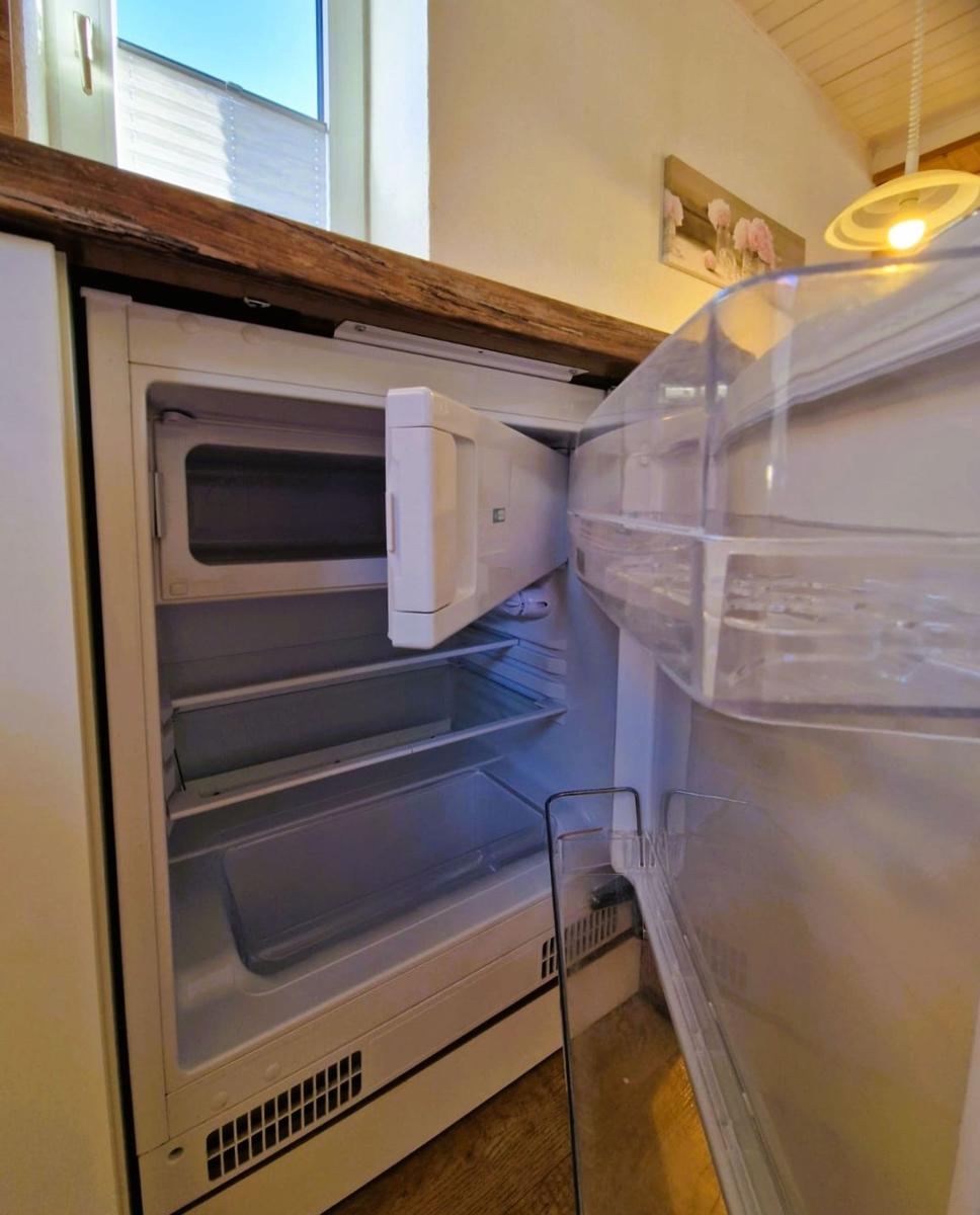 Refrigerator with open door, empty shelves and freezer compartment