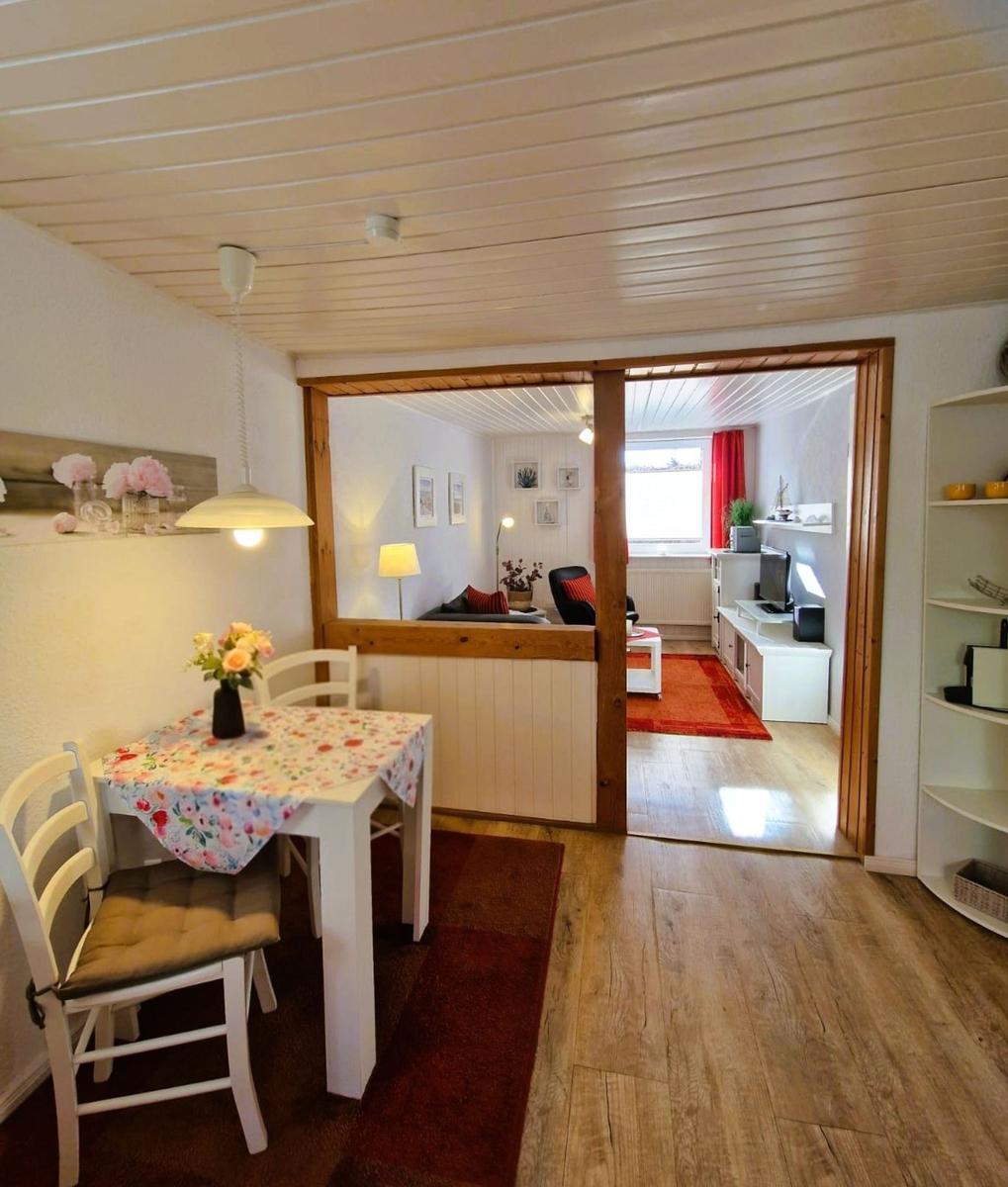 Dining area with table and chairs, view into living room with sofa and TV.