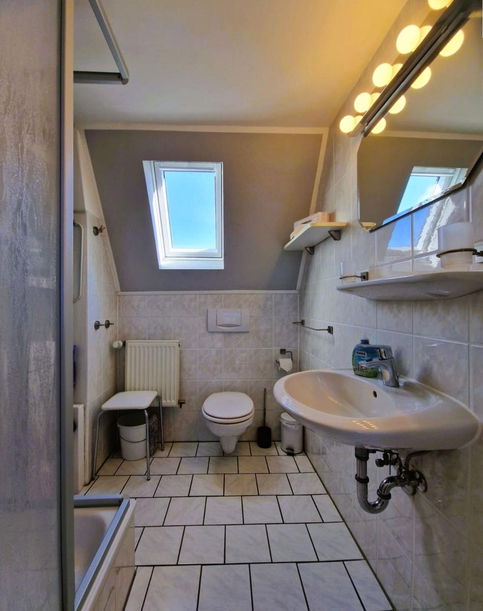 Bathroom with sink, toilet, and shower under sloped ceiling with skylight.
