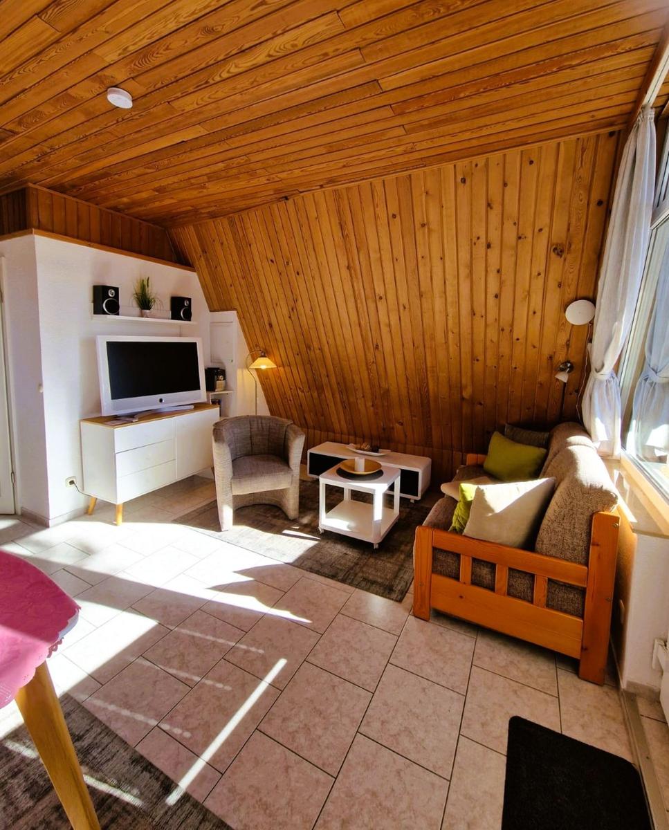 Living room with wooden wall, sofa, armchair, TV, and window.
