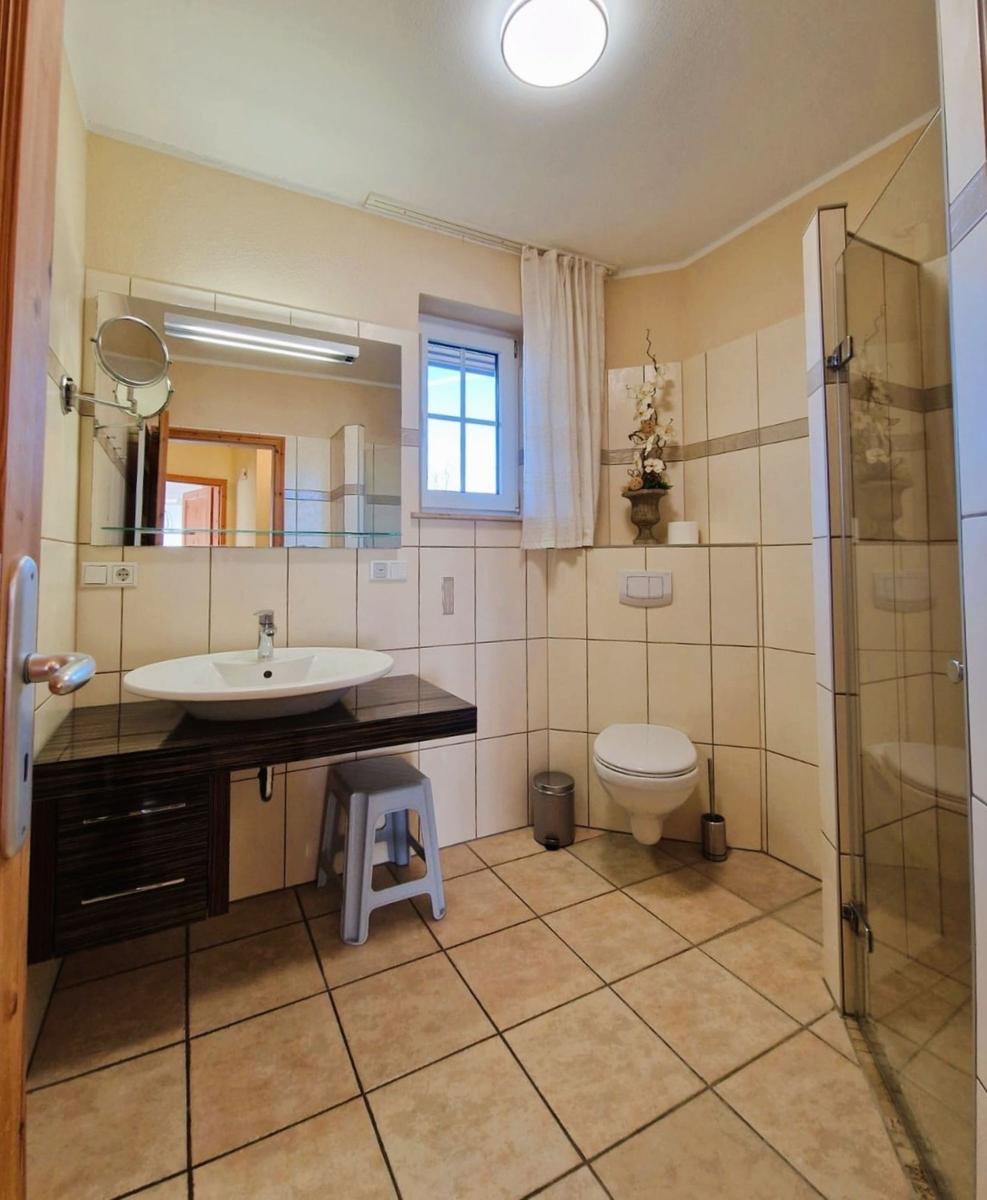 Bathroom with shower, toilet, sink, and window