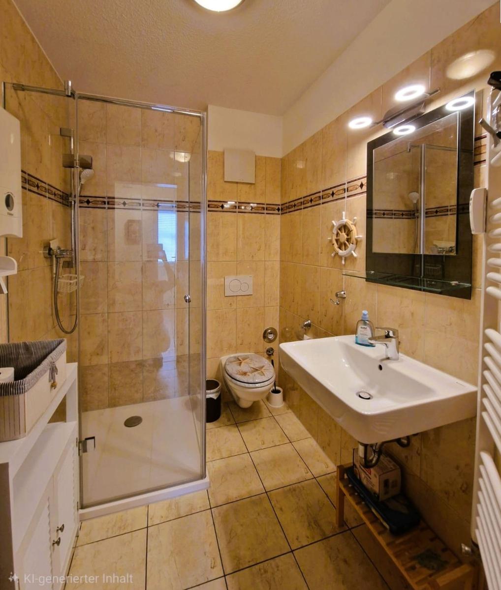 Badezimmer mit Dusche, Toilette und Waschbecken. Wandfliesen und Spiegel sichtbar.