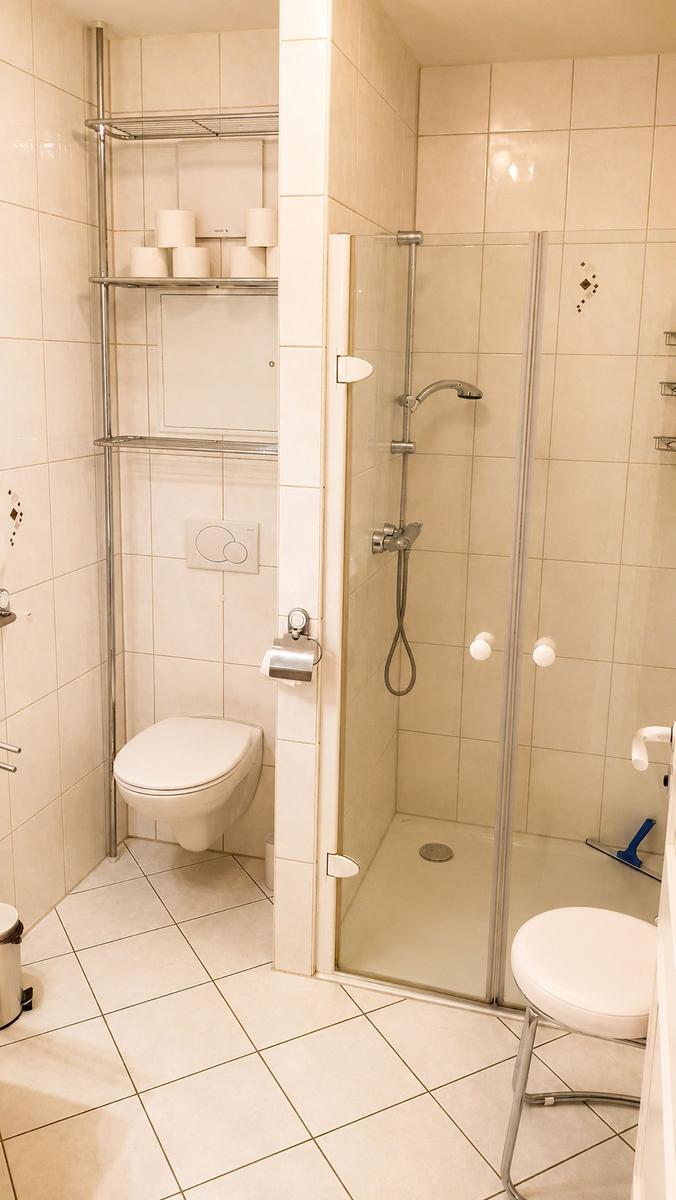 Dusche mit Glaswand, Toilette und Aufbewahrungsbereich mit Toilettenpapier