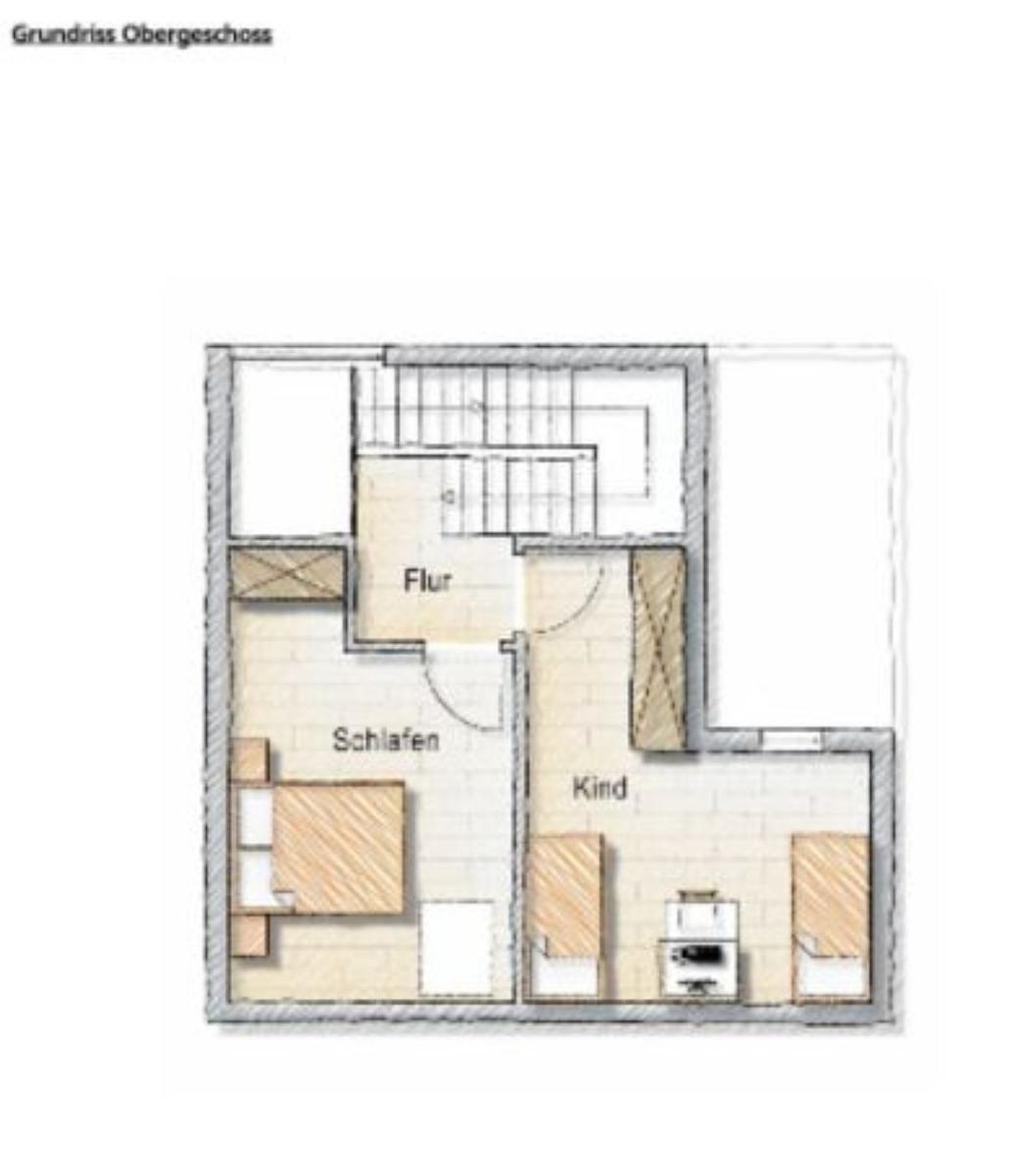 Obergeschossgrundriss mit Flur, Schlafzimmer und Kinderzimmer mit Einrichtung.