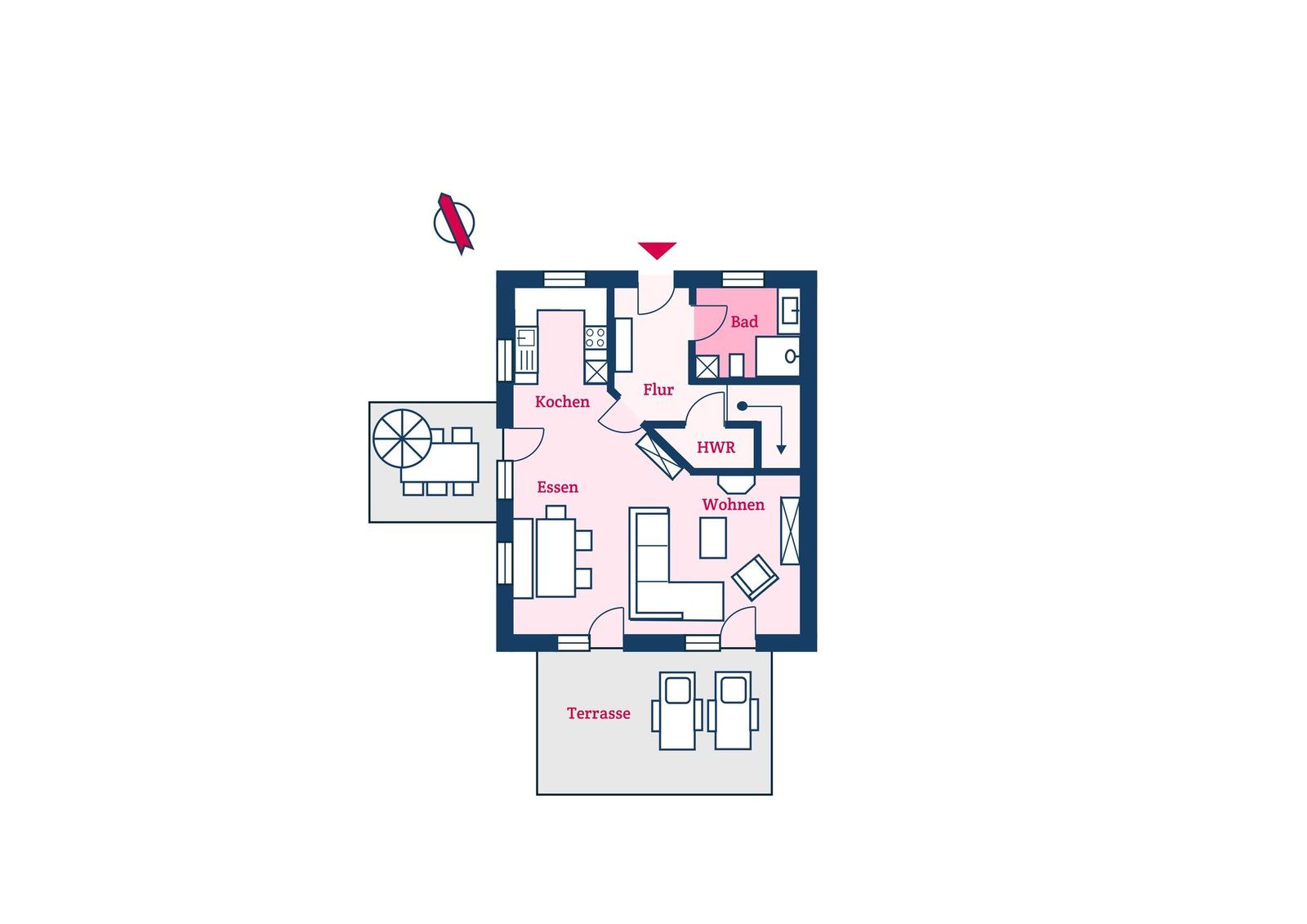 Dieses Haus hat eine Küche, Esszimmer, Wohnzimmer, Bad und eine Terrasse.