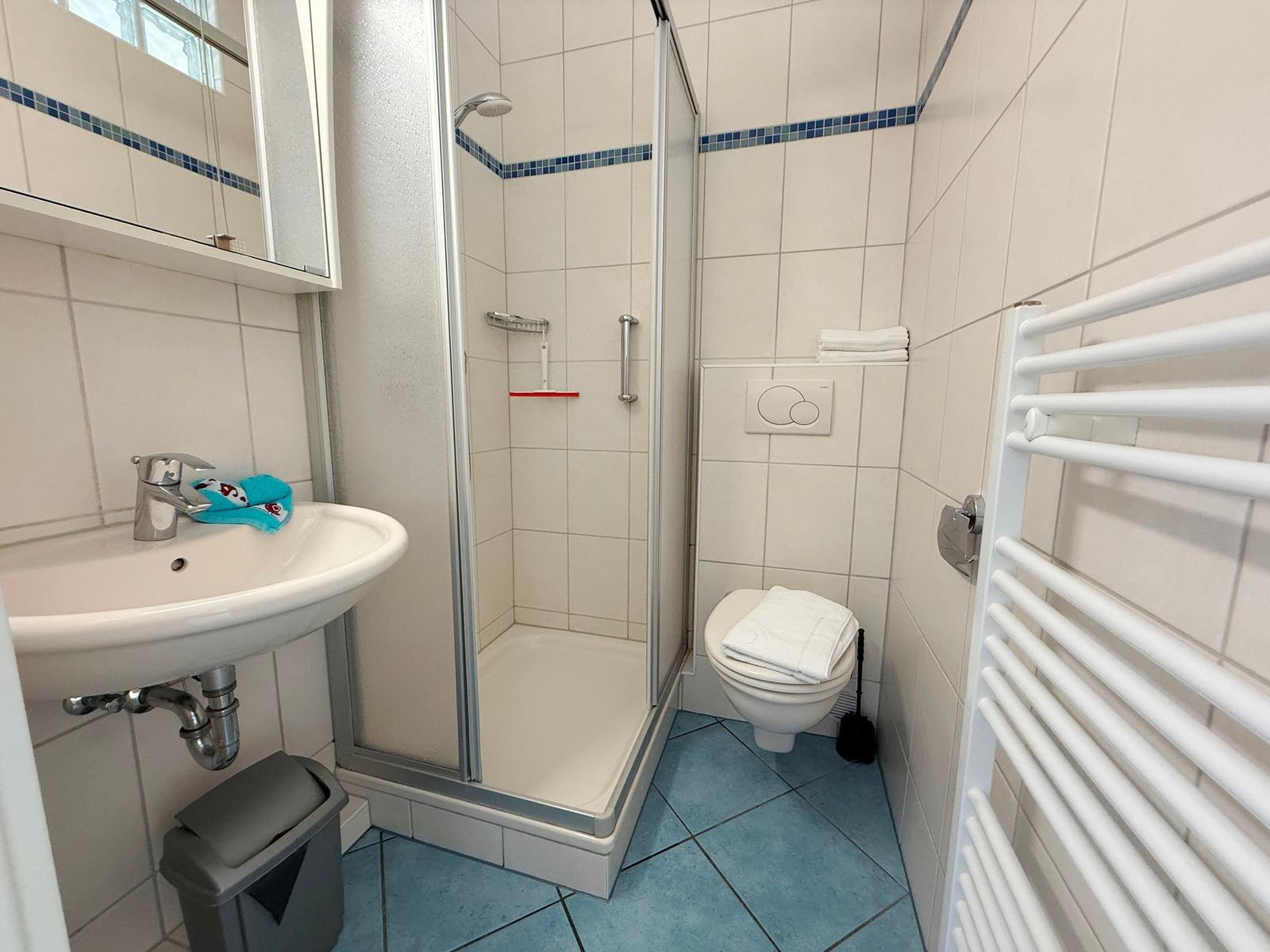 Badezimmer mit Dusche, Toilette und Waschbecken. Bodenfliesen und Heizung.