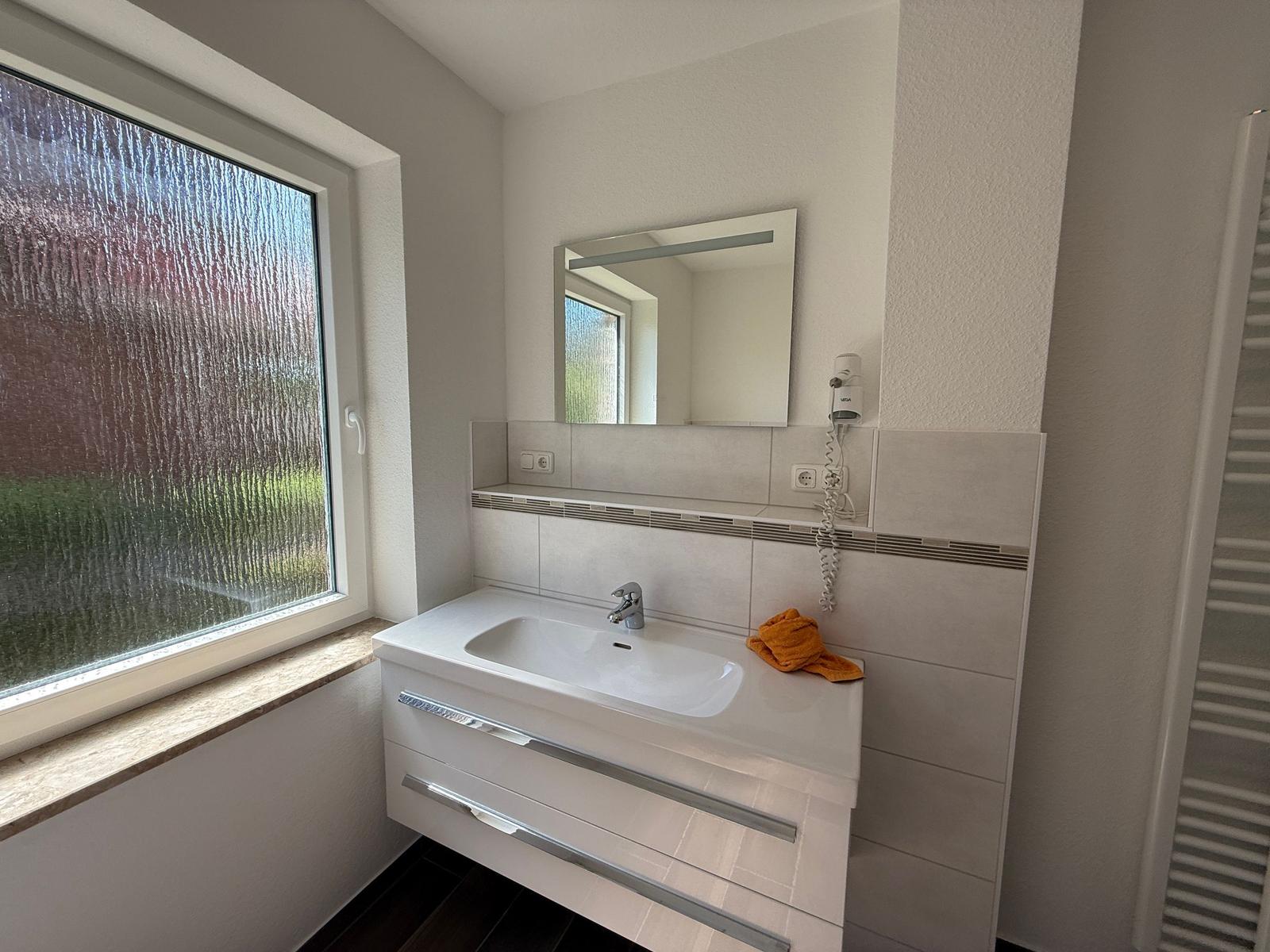 Badezimmer mit Waschbecken, Spiegel und Fenster mit getöntem Glas.