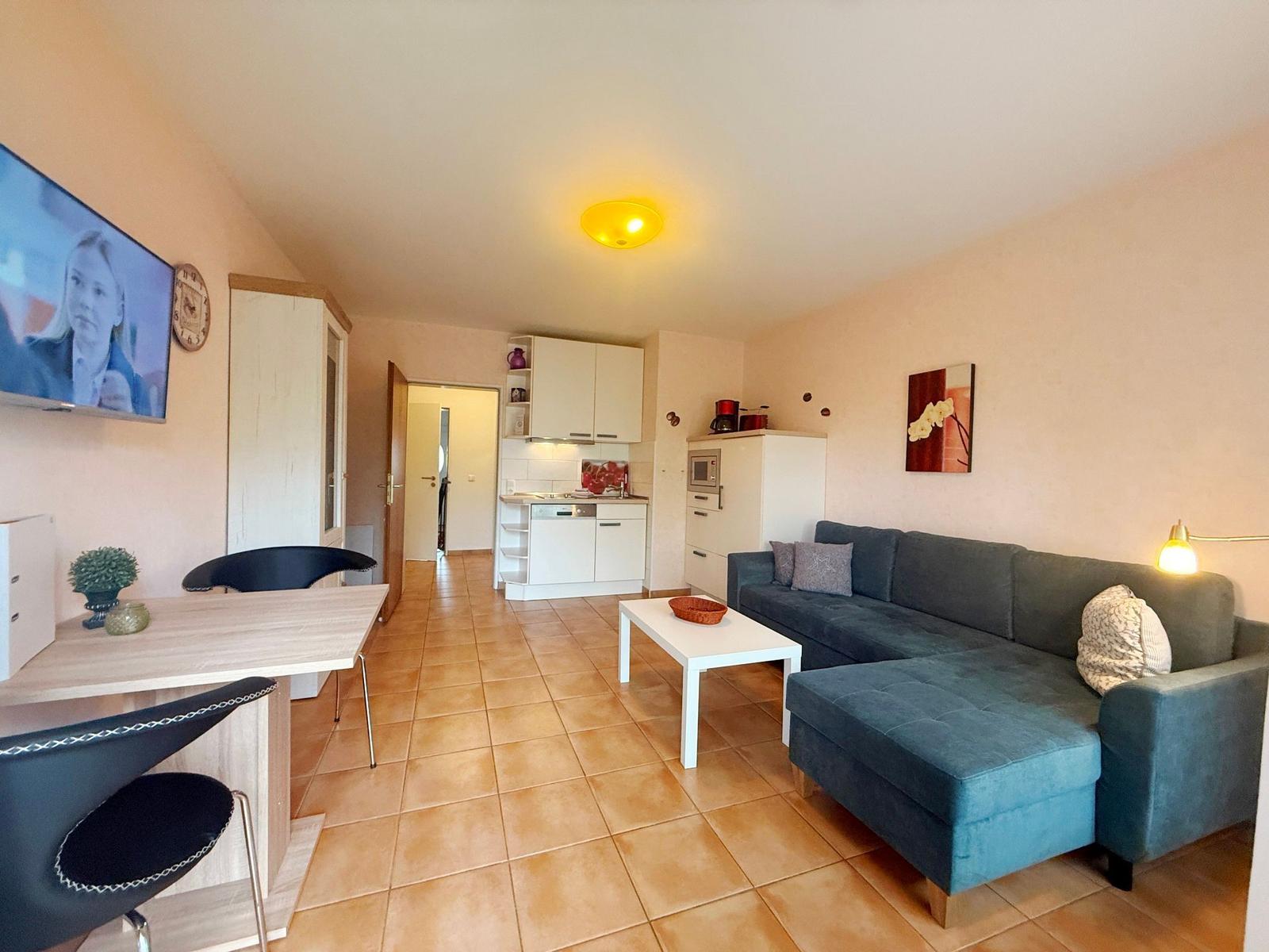 Wohn- und Küchenbereich mit Sofa, Esstisch und Fernseher.