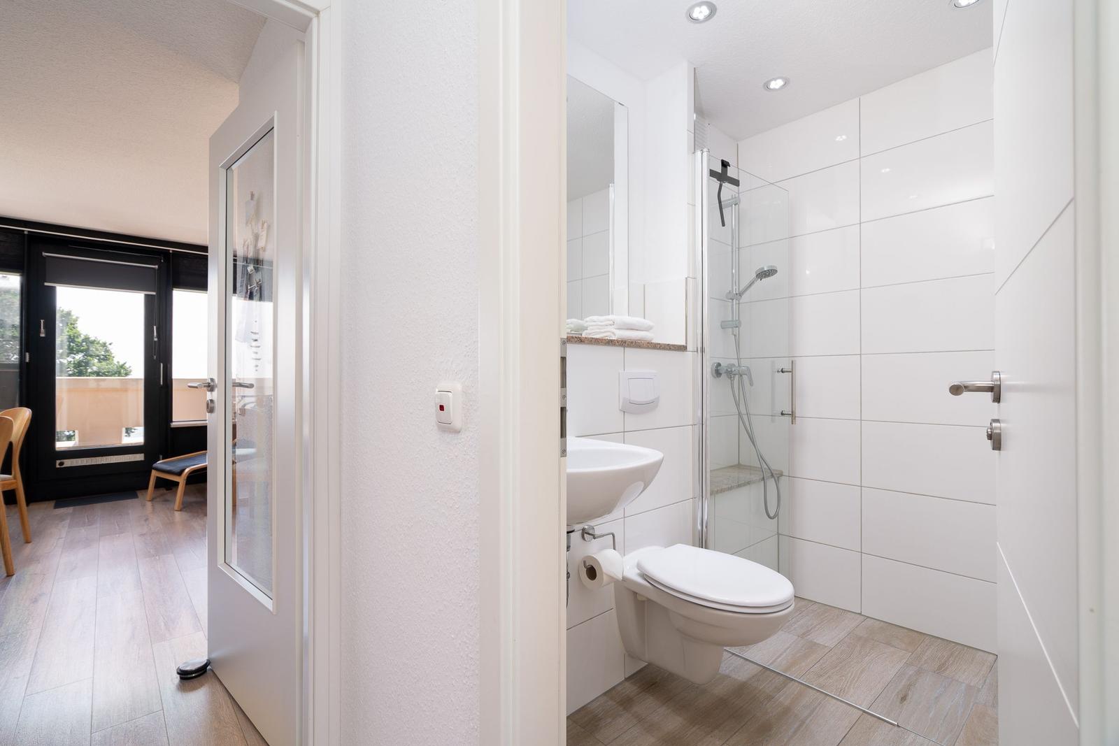Badezimmer mit Dusche, WC und Waschbecken. Durchgang zum Wohnbereich mit Balkon.