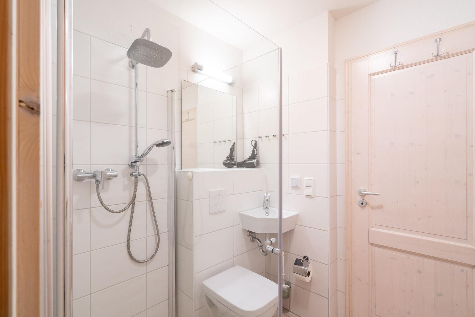 Badezimmer mit Dusche, Waschbecken und Toilette. Holztür und Spiegel sichtbar.