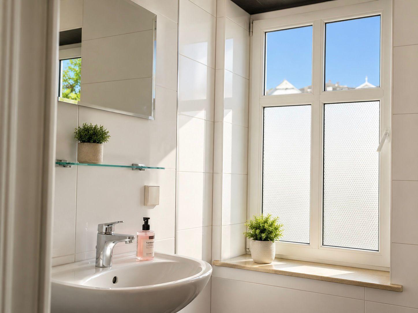 Badezimmer mit Waschbecken, Spiegel und Fenster mit Pflanzen
