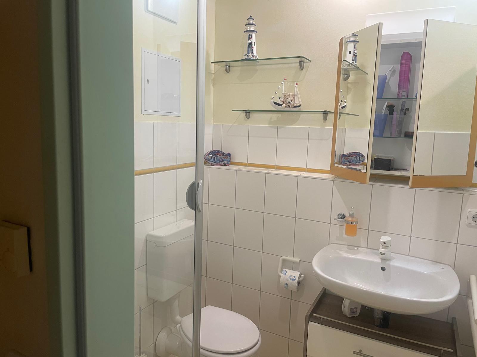 Badezimmer mit Toilette, Waschbecken und Dusche. Wandregale mit Schiffsmotiven.