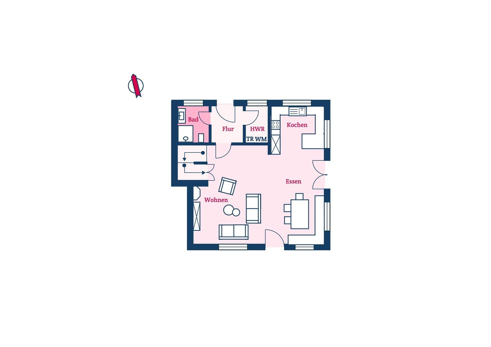 Dieses Apartment hat einen Wohnbereich, Essbereich, Küche, Bad und Flur.