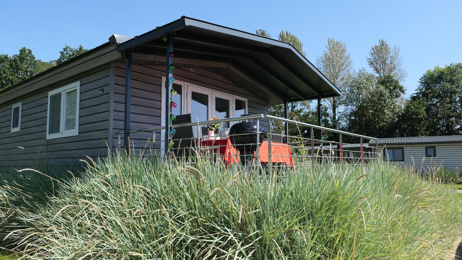Haus mit Terrasse, Grill und Garten. Hintergrund: Bäume und klarer Himmel.
