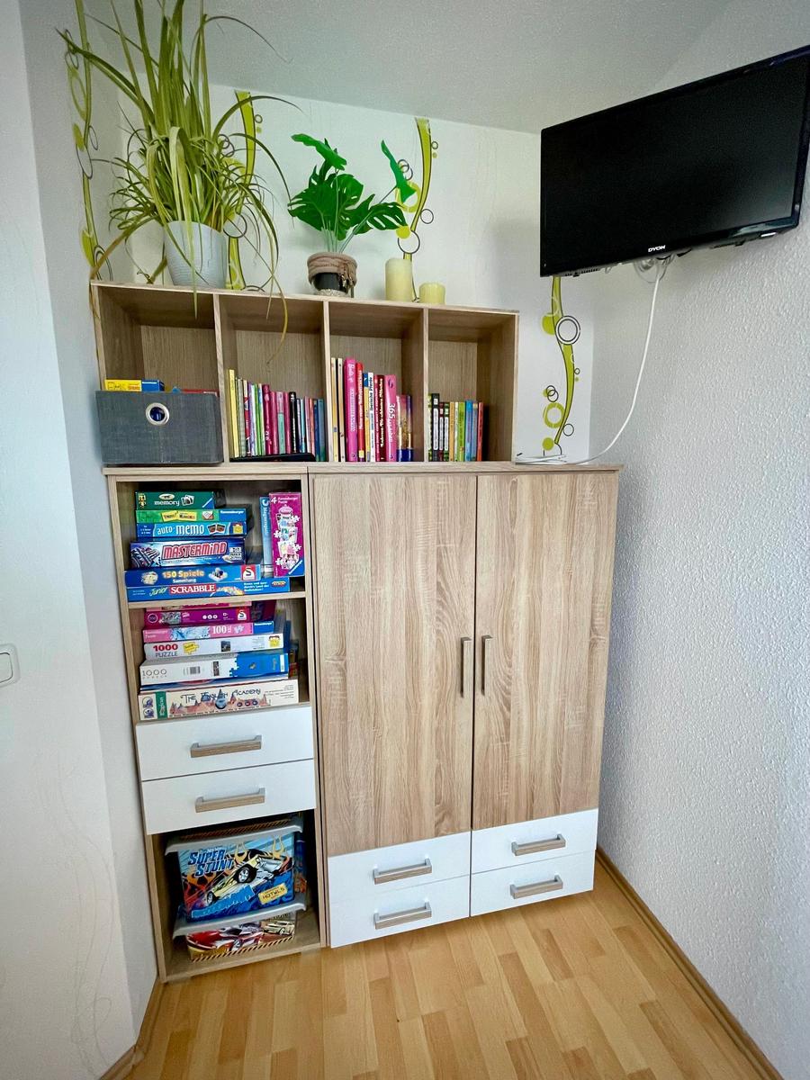 Schrank mit Spielzeug, Büchern und Pflanzen. Wandfernseher montiert.