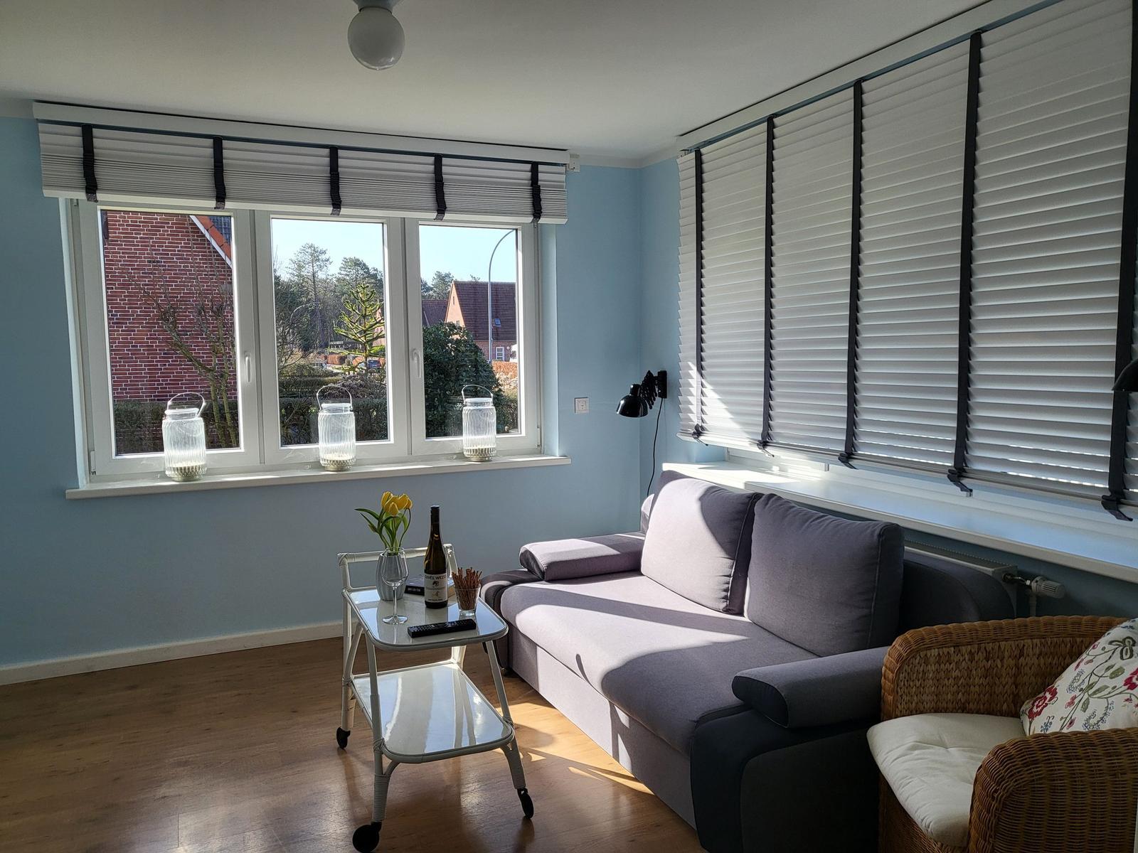 Living room with sofa, drinks trolley, and windows with blinds.