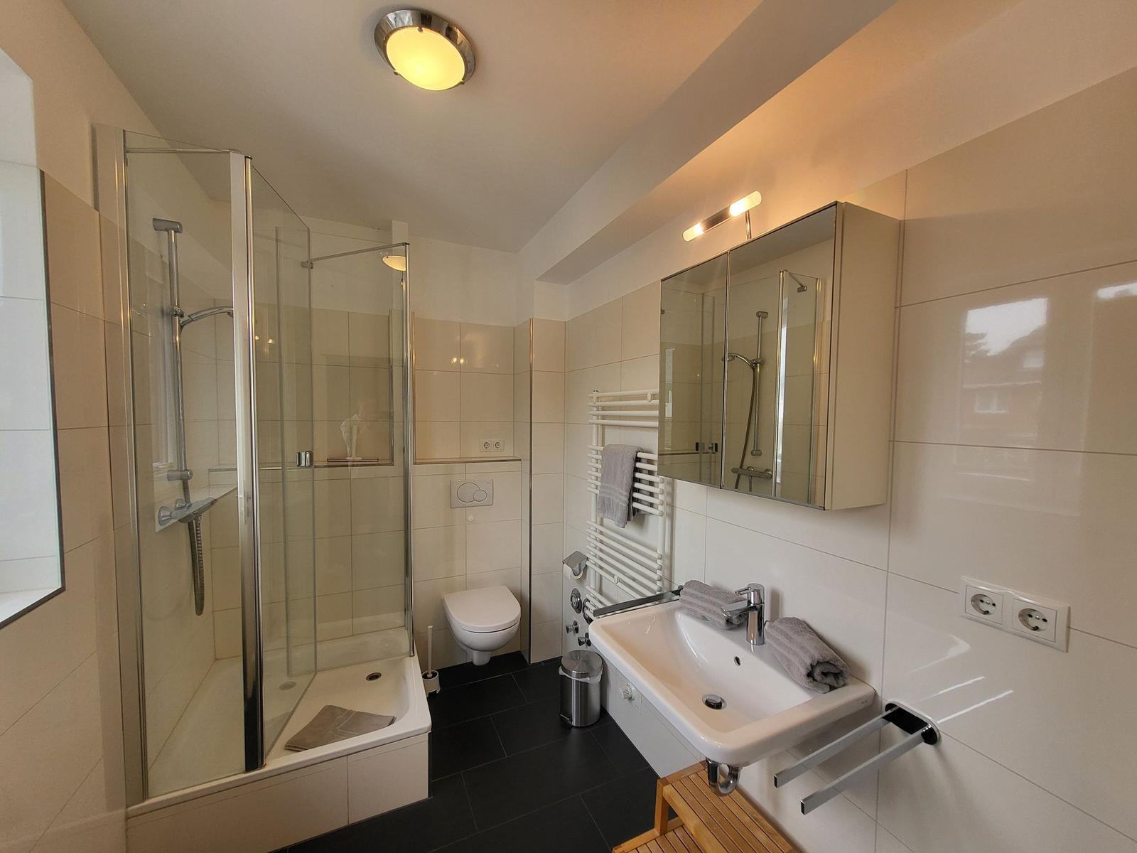 Badezimmer mit Dusche, Waschbecken und Toilette. Fliesenboden und Spiegelschrank.