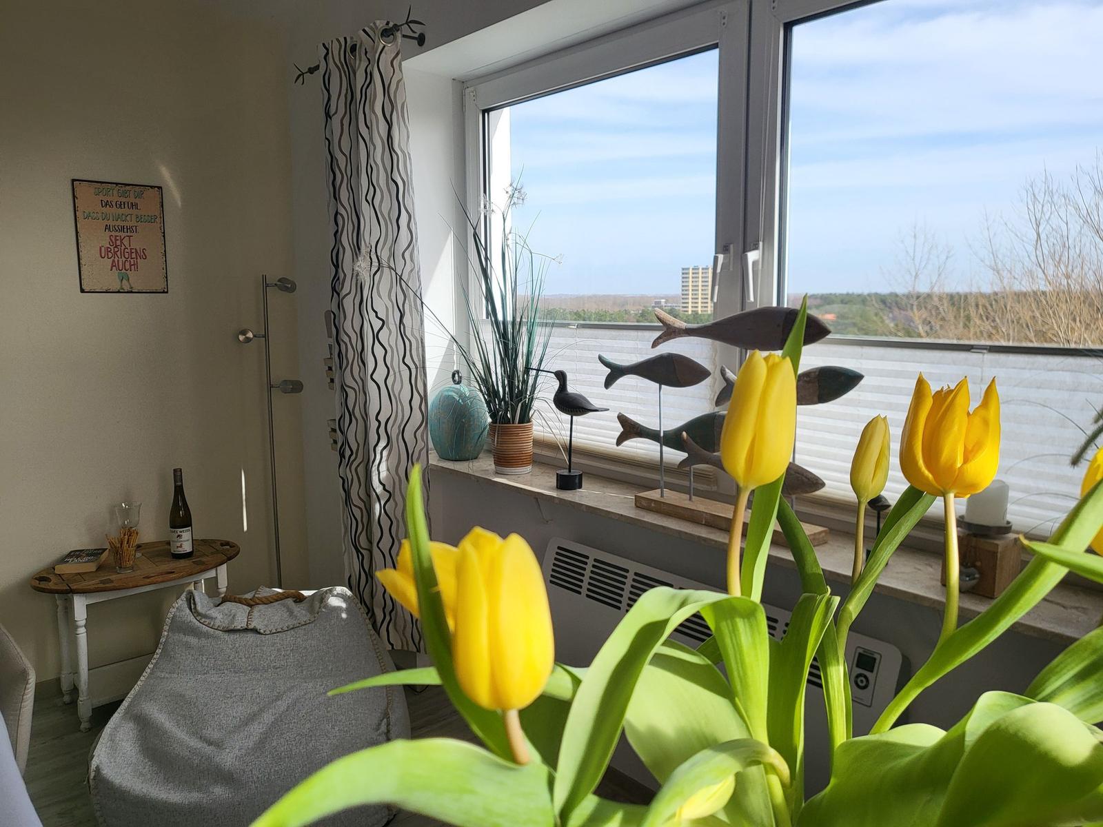 Raum mit Fensterblick, Tulpen, dekorativen Fischen und Pflanzen auf Fensterbank.