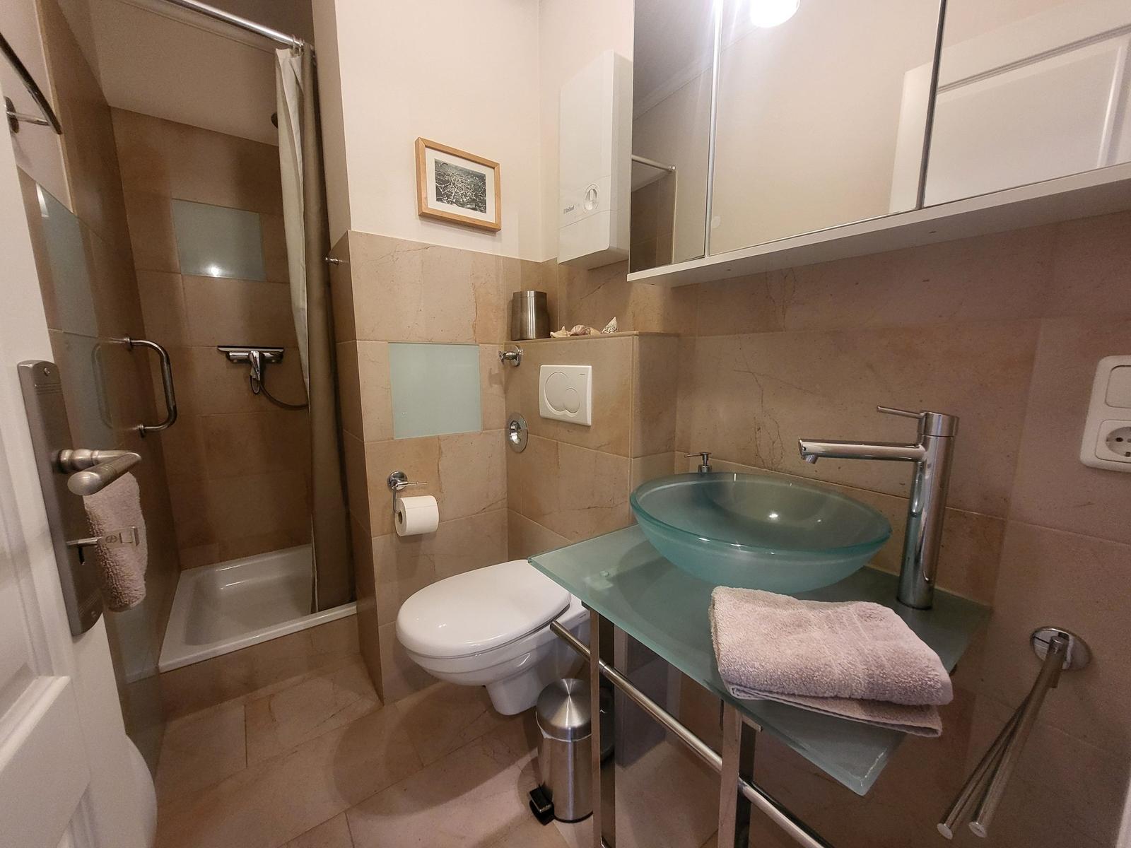 Bad mit Dusche, Toilette und Glaswaschbecken auf Glasplatte