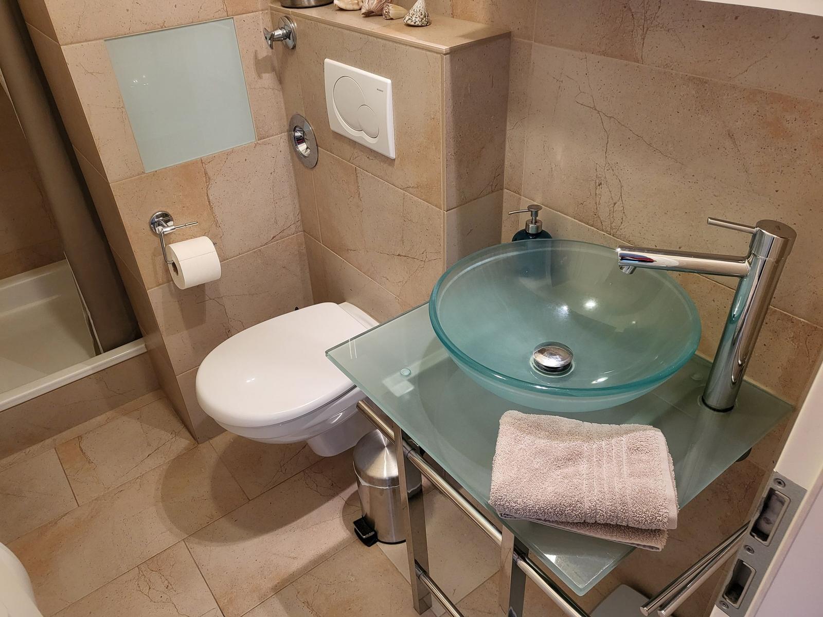 Badezimmer mit Glaswaschbecken, Toilette und Dusche.