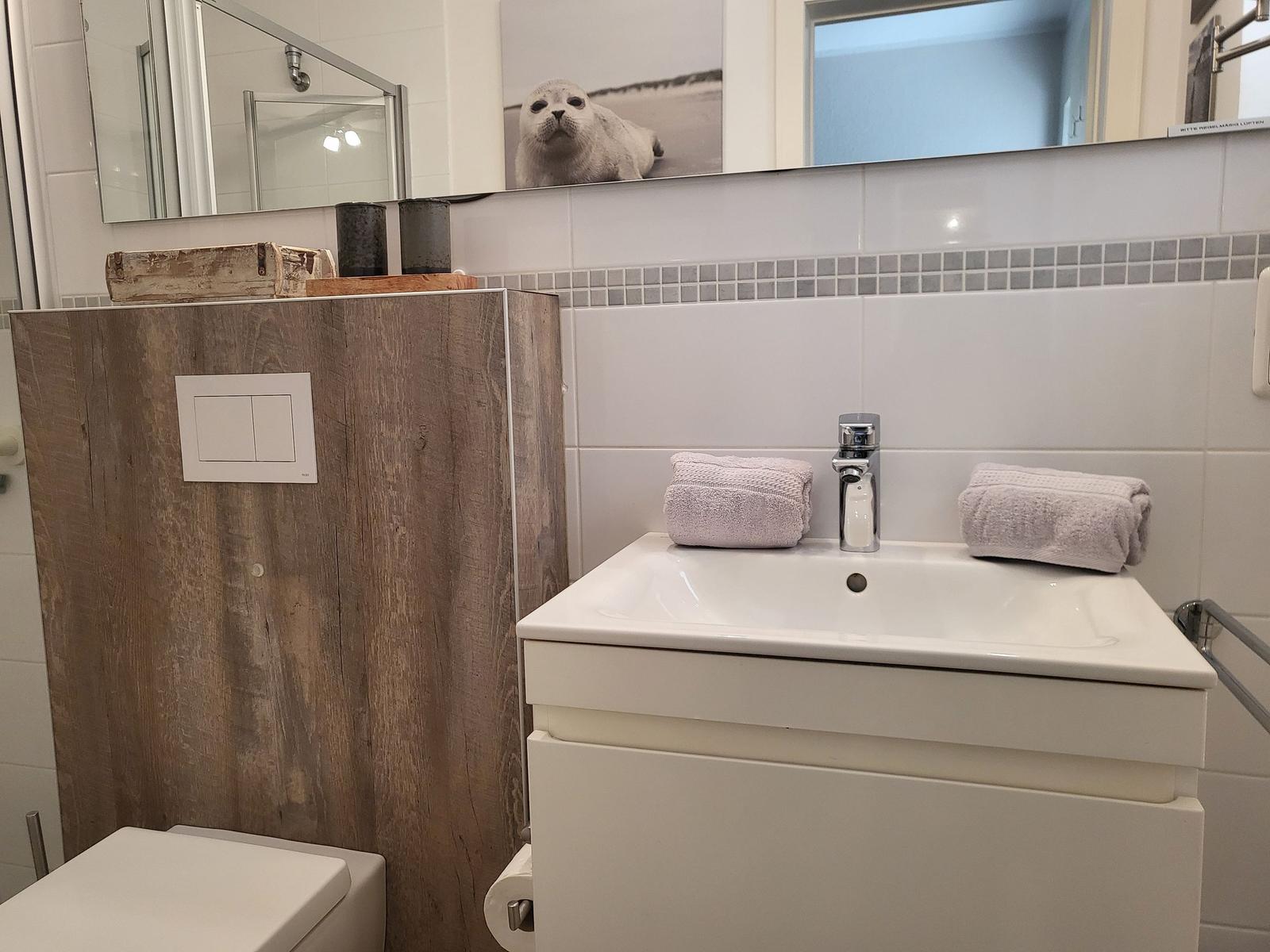 Bad mit Waschbecken, Spiegel und Toilette. Auf dem Spiegelbild ist ein Seehund zu sehen.