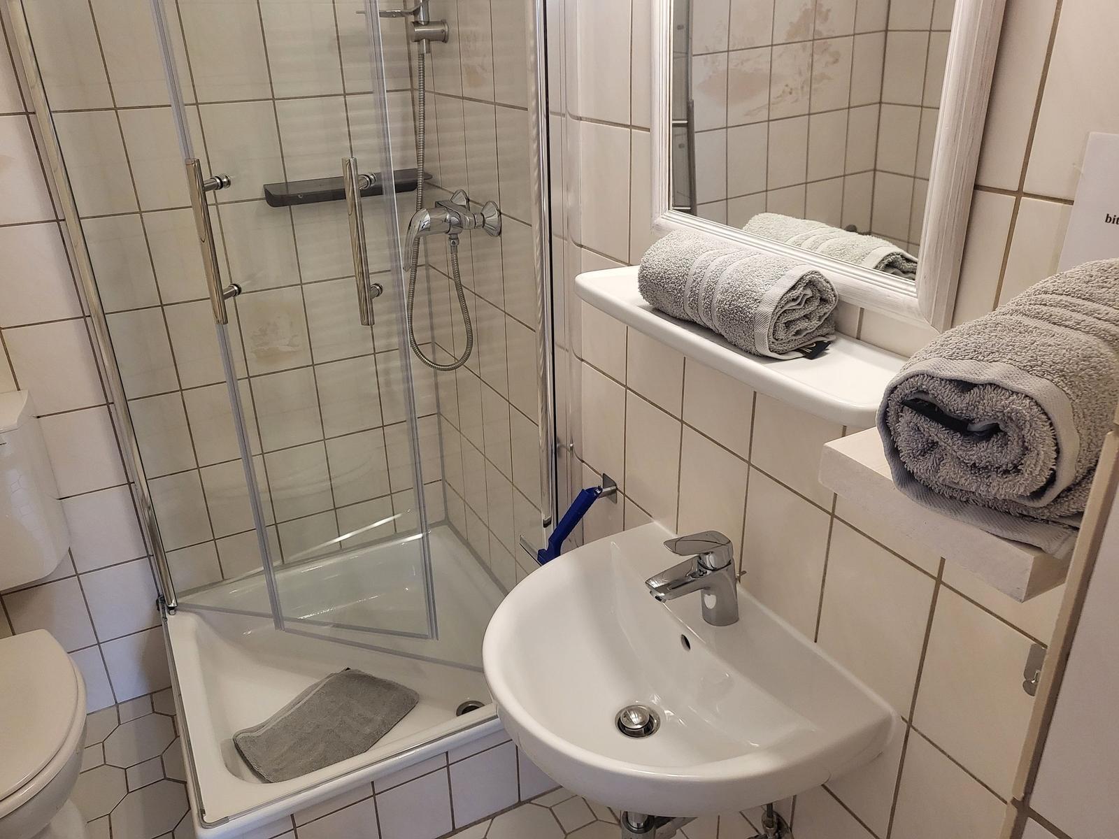 Badezimmer mit Dusche, Waschbecken und Toilette. Handtücher auf Ablageflächen.