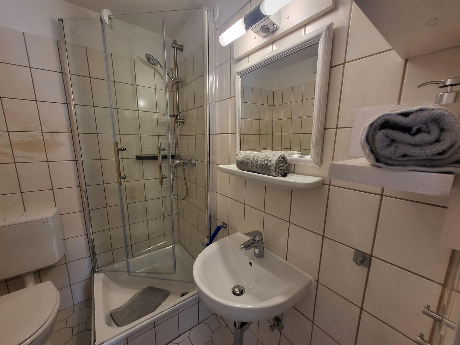 Badezimmer mit Dusche, Waschbecken und Spiegel. Handtücher sind vorhanden.
