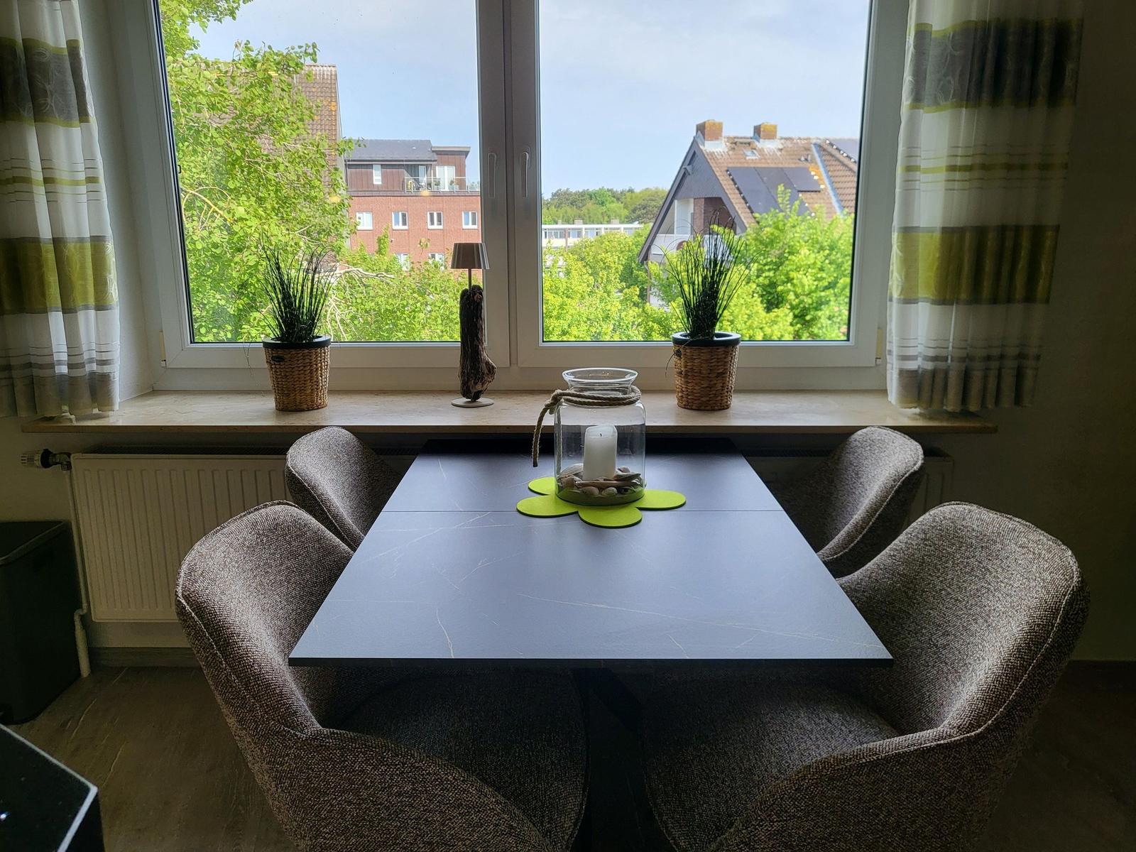 Essbereich mit Tisch und Stühlen vor großem Fenster mit Blick auf Grün und Häuser.