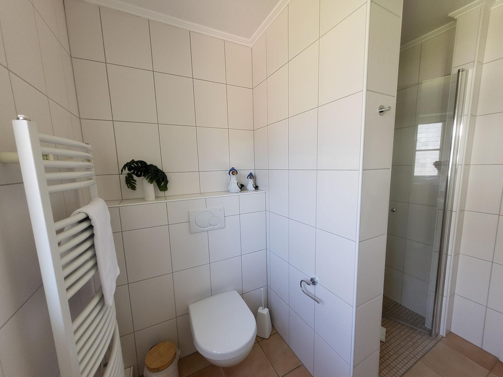 Badezimmer mit Dusche, Toilette und Heizkörper. Weiße Fliesen und Pflanze.