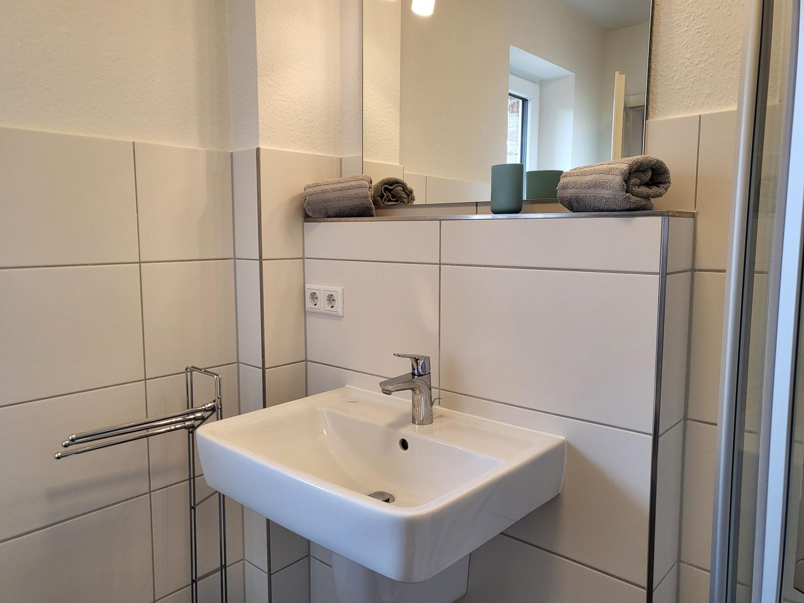 Badezimmer mit Waschbecken, Spiegel und Handtuchhalter. Fliesenwand und Duschabtrennung sichtbar.