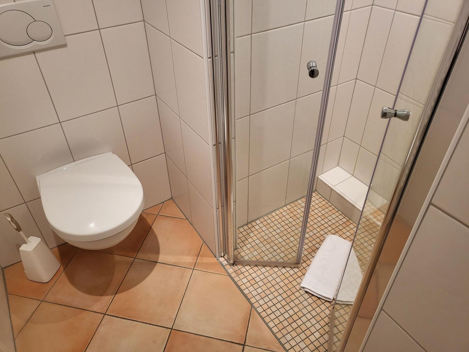 Duschkabine mit Sitzbank, WC und Toilettenbürste.