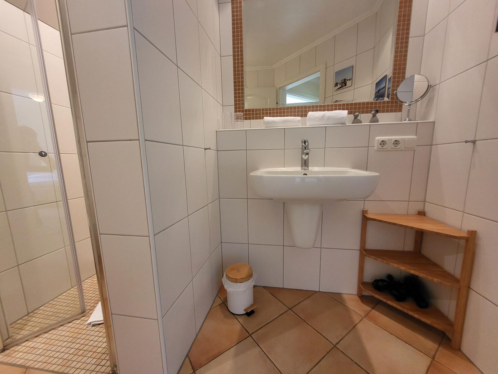 Badezimmer mit Waschbecken, Spiegel, Dusche und Holzregal.