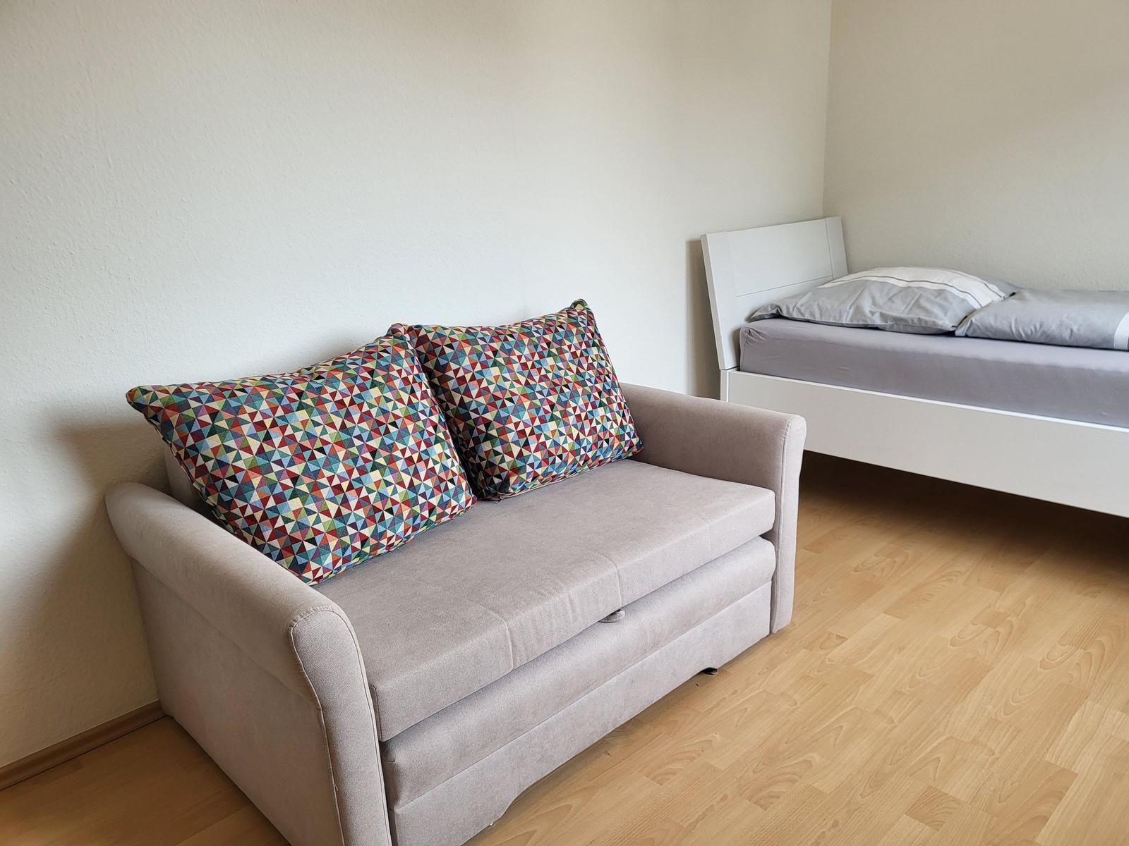 Ein Raum mit einem grauen Sofa und einem Bett mit grauer Bettwäsche.