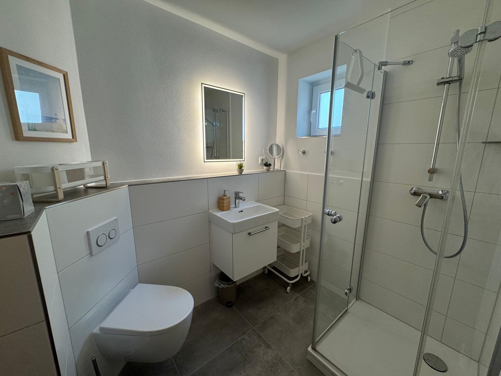 Badezimmer mit Dusche, Waschbecken und Toilette. Fenster und Spiegel sichtbar.