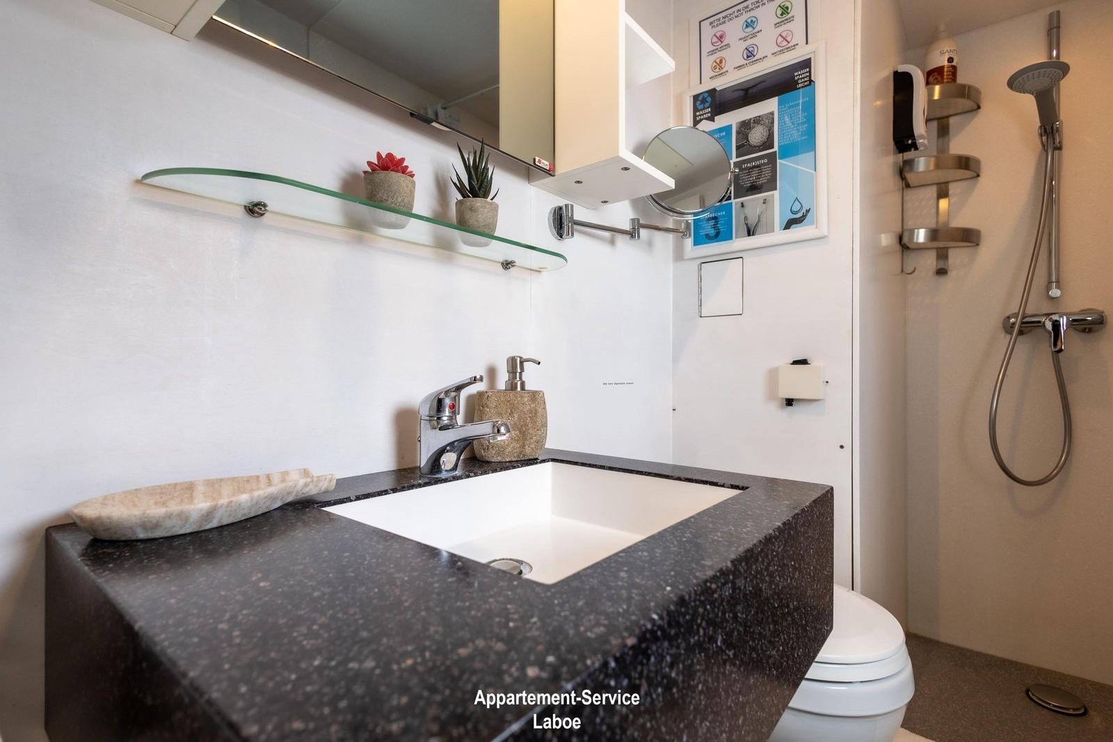 Badezimmer mit Waschbecken, Dusche und Toilette. Glasregal mit Pflanzen und Spiegel.