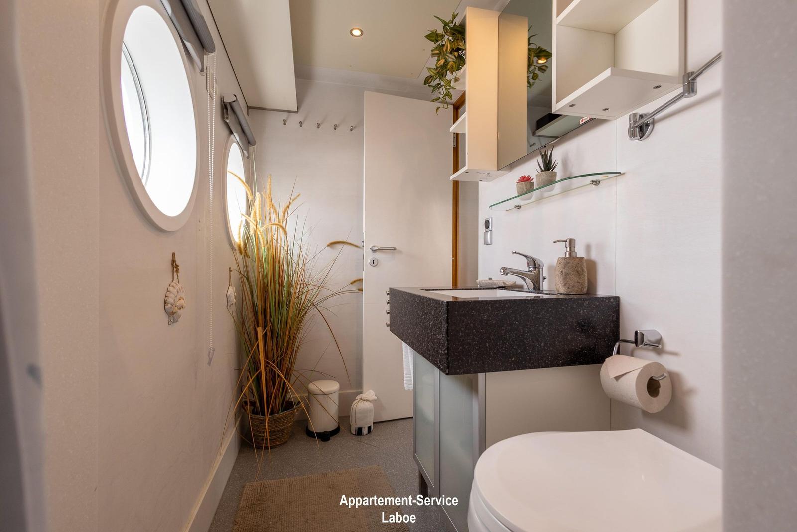 Badezimmer mit runden Fenstern, Waschbecken und Toilette. Pflanzen und Spiegelschrank sichtbar.