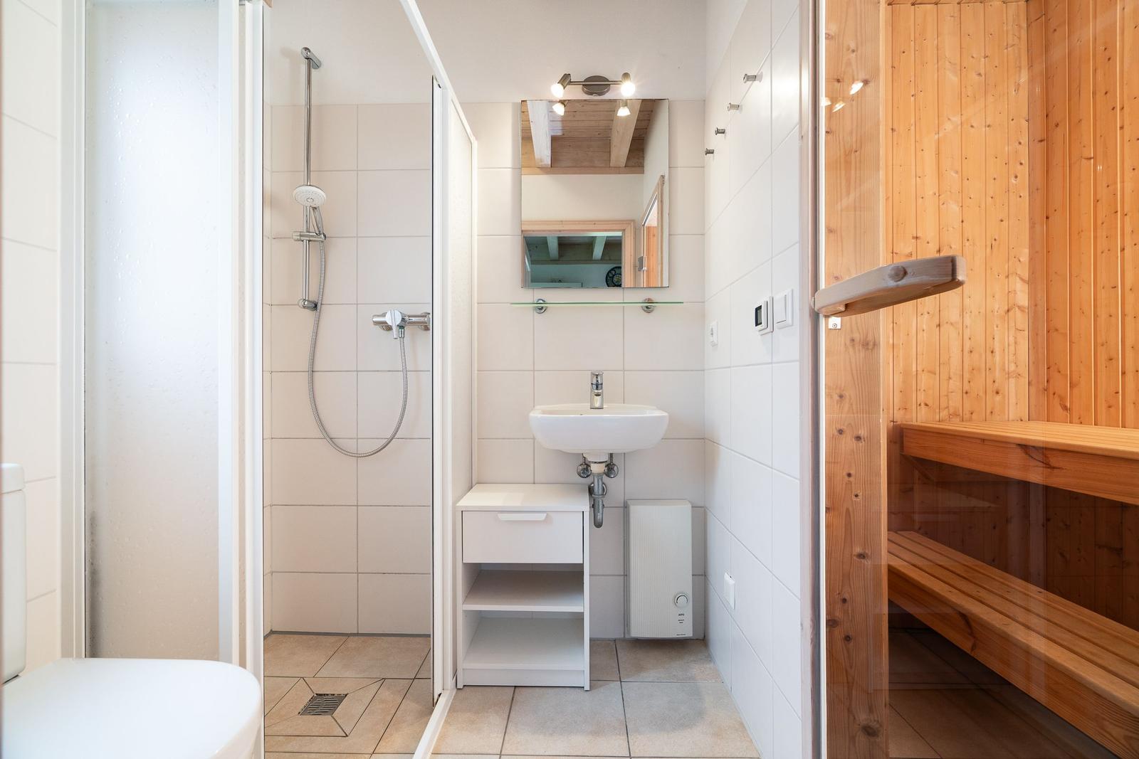 Shower, sink and sauna in one room.
